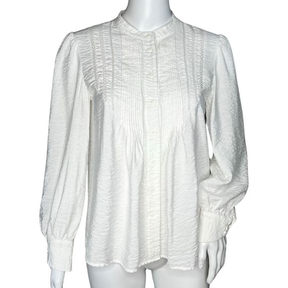 BA&SH Shirt Women 2 White‎ Laura Top Pleat Neckline Button Up Crinkle Minimalist - Picture 1 of 11
